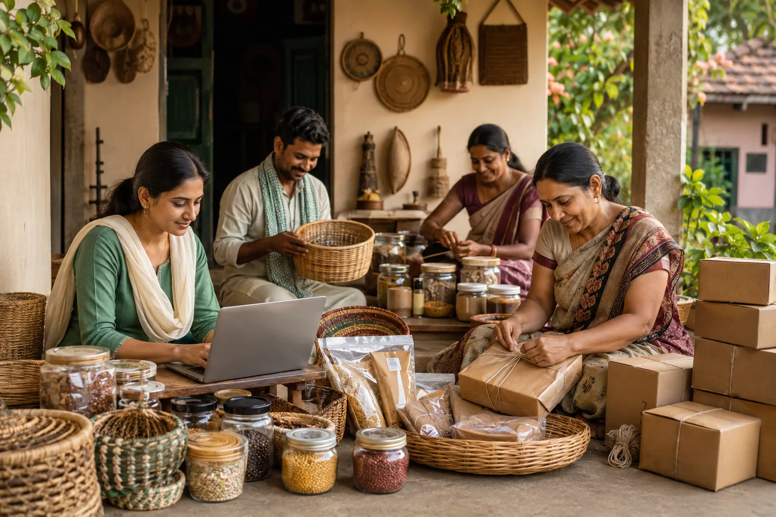 Indian small merchants preparing local products for sale through an online marketplace