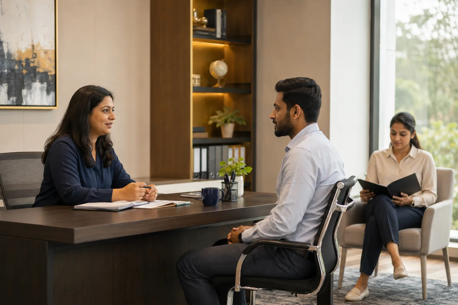 An Indian recruiter interviewing a job candidate in a professional office