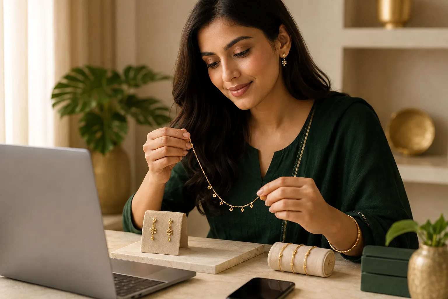 An Indian customer exploring refined gold jewellery through a premium online shopping experience